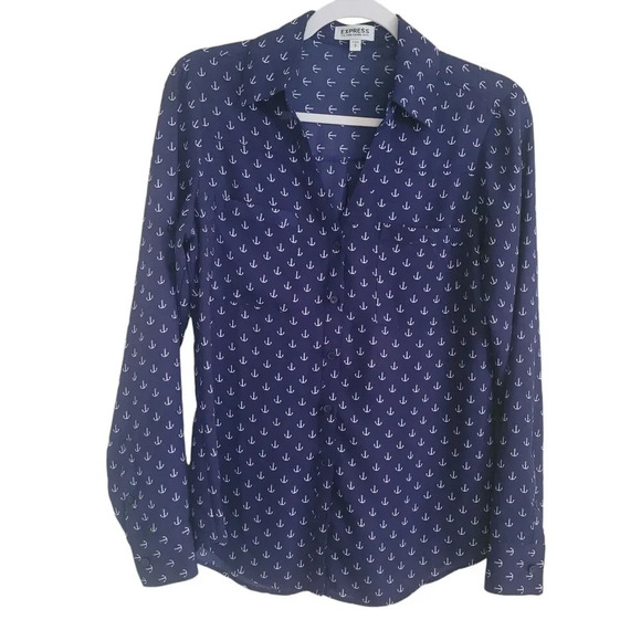 Express Portofino Shirt Womens Size Small Blue Semi Sheer Nautical Anchor Preppy - Picture 1 of 8
